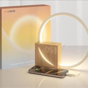 Lumens Wireless Charging Alarm Clock - Natural Wood and White